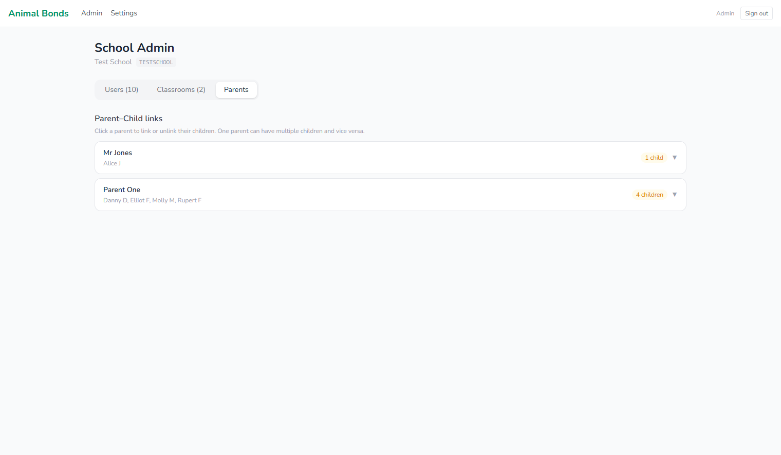 Admin account management panel showing pupil accounts and login credentials