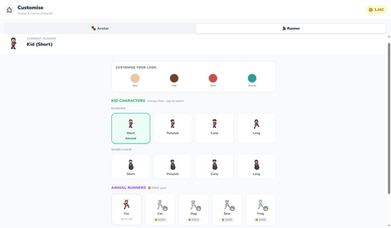 Runner customisation screen showing animal character options
