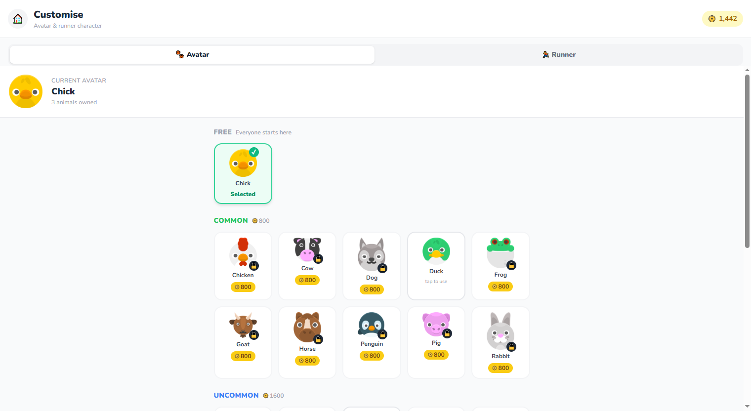 The Animal Bonds cosmetics store showing items available to buy with coins