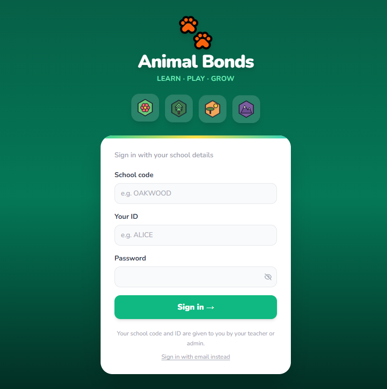 The Animal Bonds sign-in screen