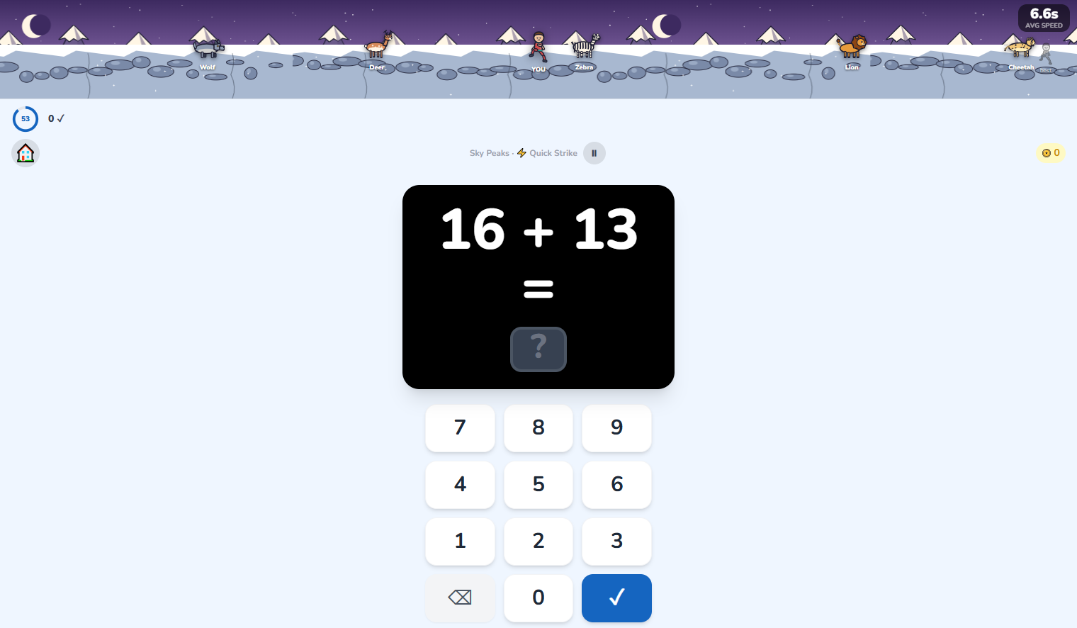 Quick Strike mode: a shared time pool drains as the child answers